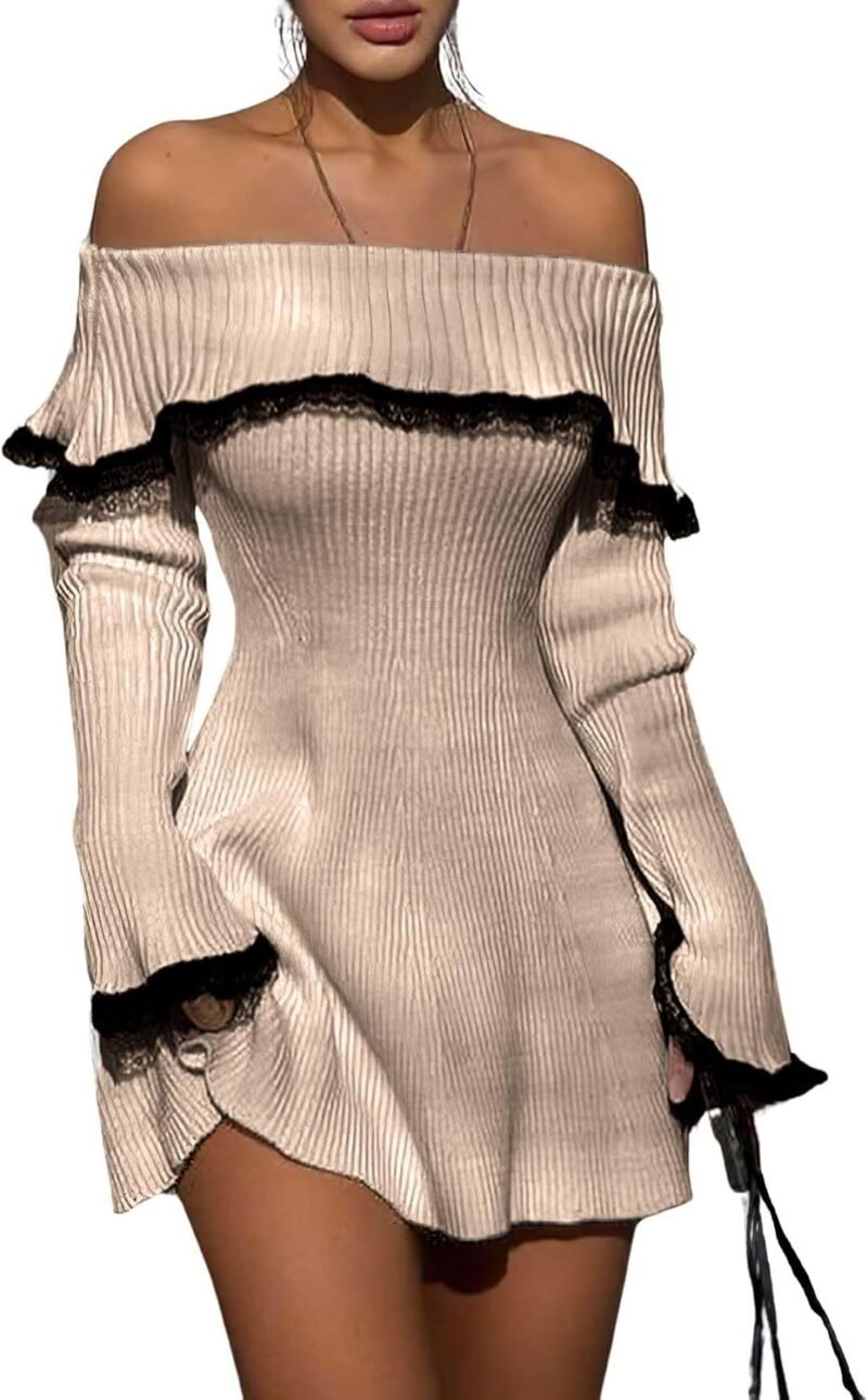 chouyatou Women's Off The Shoulder Bell Long Sleeve Sweater Mini Dress Lace Trim Bodycon Ribbed Knit Sweater Dress