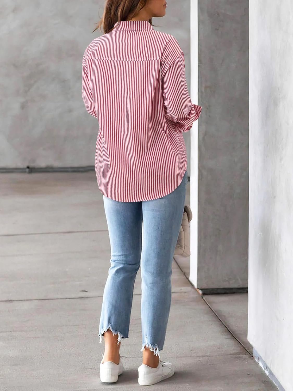 Women's Striped Long Sleeve Button Down Shirts V Neck Casual Tops Classic Office Work Blouses with Pocket - Image 5