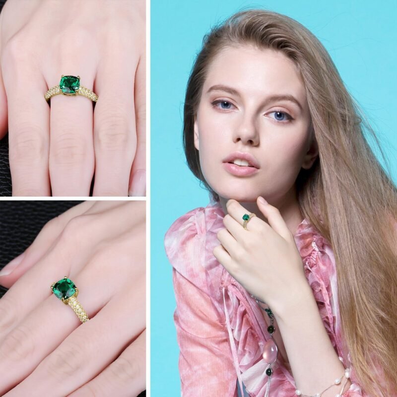 JewelryPalace Cushion Cut 1.8ct Simulated Emerald Solitaire Rings for Her, 14K White Yellow Rose 925 Sterling Silver Promise Ring for Women, Green Gemstone Jewelry Sets Rings - Image 5