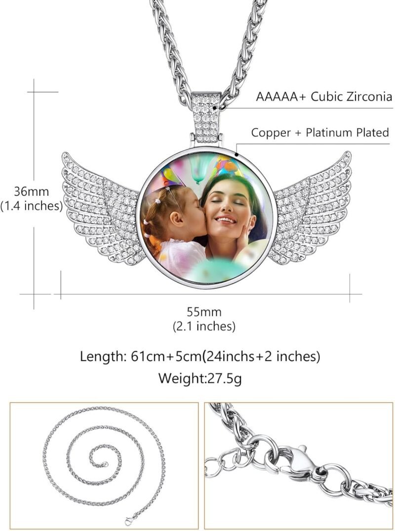 Custom4U Picture Necklace Personalized Photo for Men Women Steel/18K Gold Plated/Black Custom Angel Wings/Heart Pendant Necklace with Picture Memory Iced Out Chain 18-30 Inch,Hip Hop Jewelry+Gift Box - Image 6