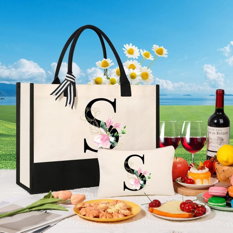 AYGE Personalized Initial Canvas Beach Bag Cosmetic Bags, Monogrammed Gifts for Women, Tote Bag, Makeup Bag, Birthday Gifts for Sister Mom Teacher Bridesmaid (S) - Image 5