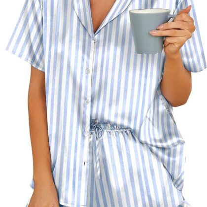 HOTOUCH Womens Satin Pajamas Set Button Down 2 Piece Silk Pjs Shorts Set Ruffle Lingerie Notch Collar Sleepwear