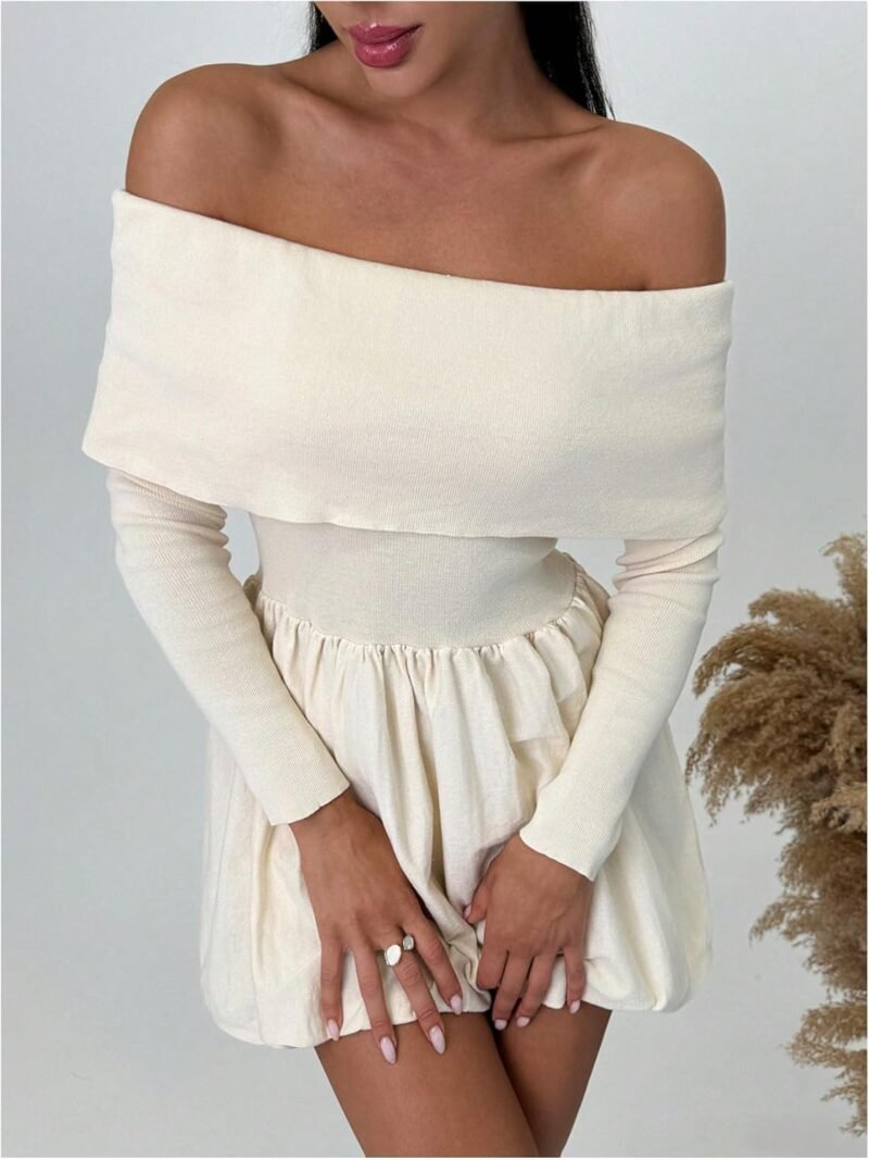 SOLY HUX Women's Off The Shoulder Sweater Dress Long Sleeve A Line Ruffle Hem Knit Mini Dresses - Image 3