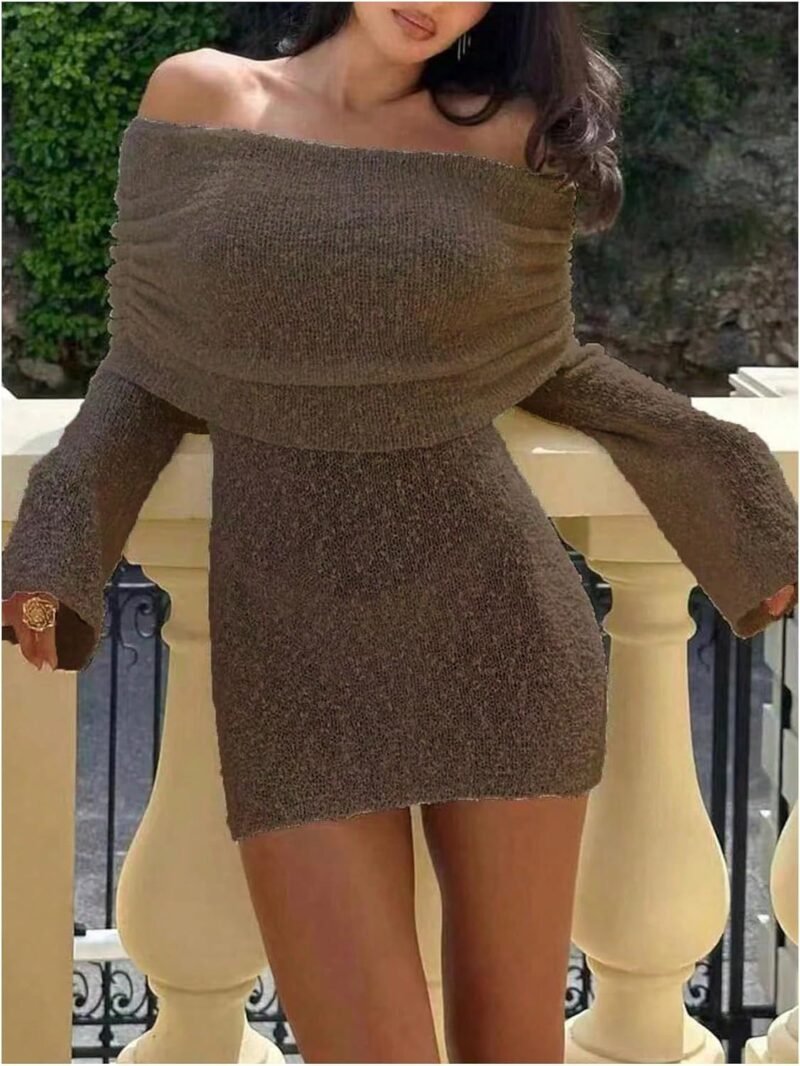 Floerns Women's Fold Off Shoulder Long Sleeve Rib Knit Pencil Sweater Dress - Image 3