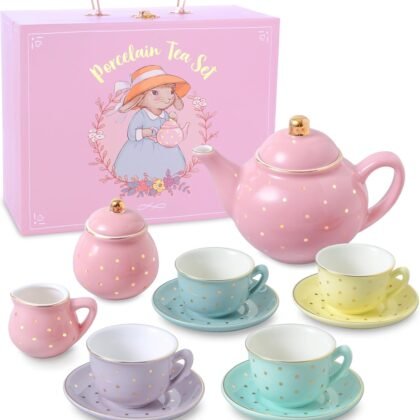 Porcelain Tea Set for Girls - Pastel with Gold Polka Dot Tea Party Set for Kids I Complete Children Tea Sets with Carry Case, Birthday Gift for Little Girls & Toddlers