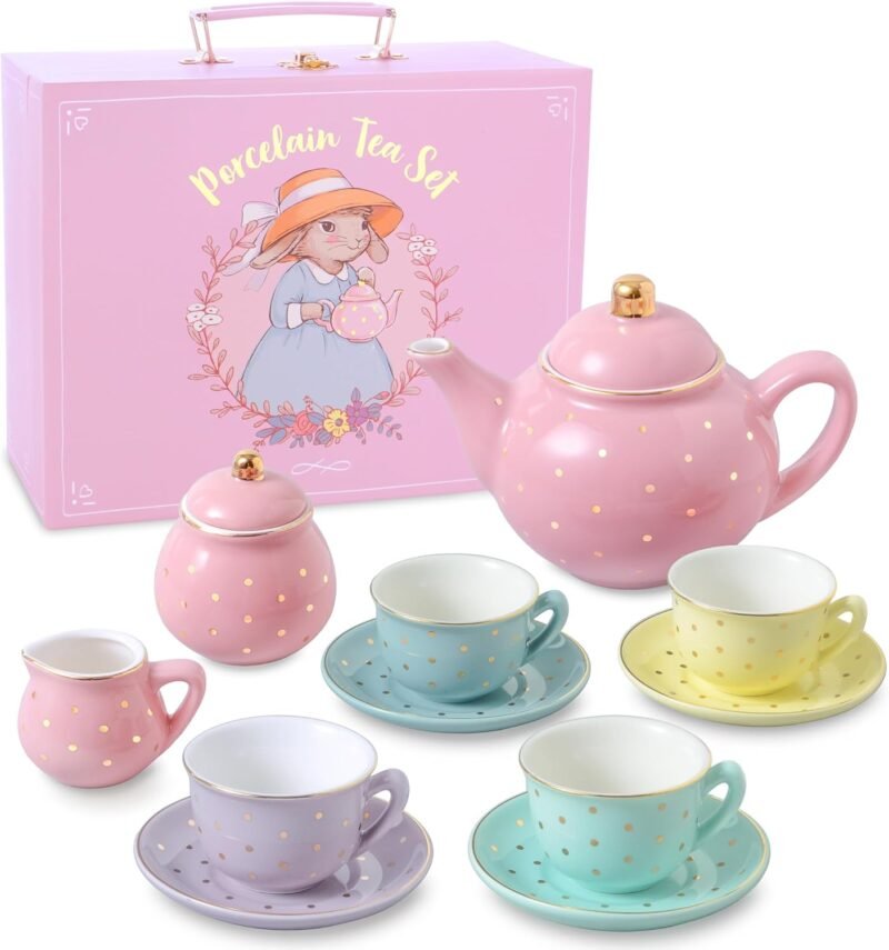Porcelain Tea Set for Girls - Pastel with Gold Polka Dot Tea Party Set for Kids I Complete Children Tea Sets with Carry Case, Birthday Gift for Little Girls & Toddlers