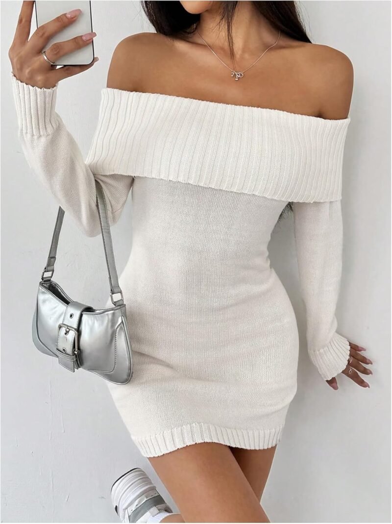 MakeMeChic Women's Off Shoulder Mini Sweater Dress Rib Knit Long Sleeve Bodycon Party Club Short Dresses - Image 5
