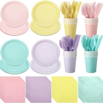 Mifoci 96 Pcs Pastel Disposable Dinnerware Set Include Pastel Paper Plates Cups Napkins Plastic Knives Forks Spoons Macaron Color Party Supplies for Birthday Decoration Wedding Baby Shower, 4 Colors