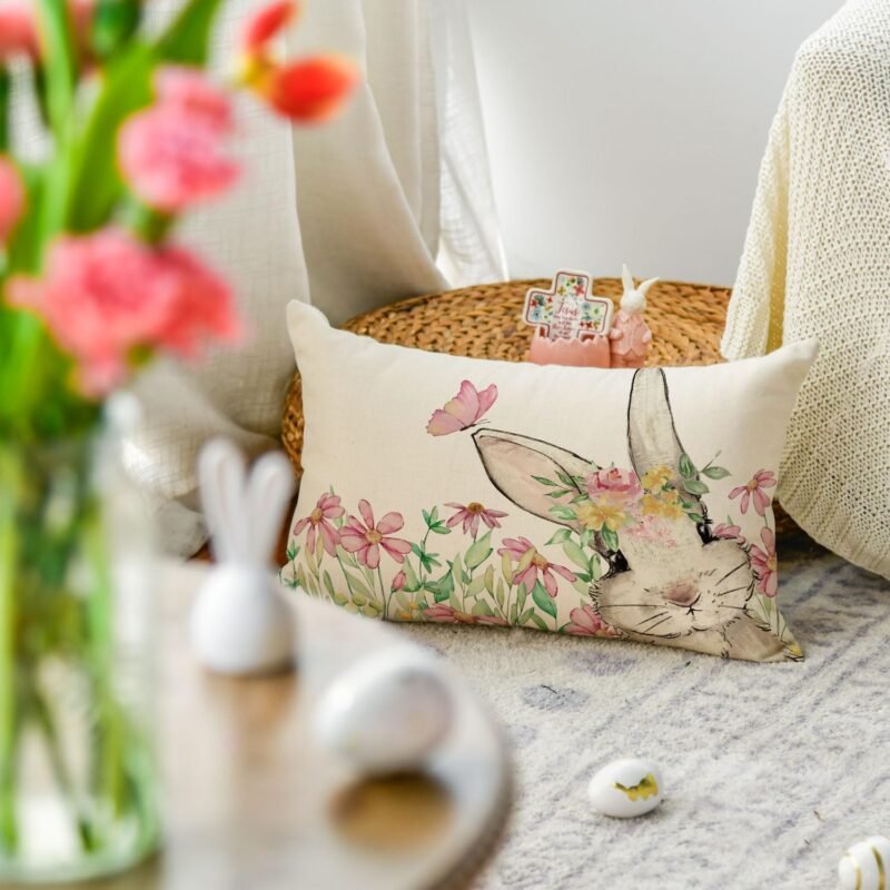 AVOIN colorlife Easter Floral Garland Bunny Throw Pillow Cover, 12 x 20 Inch Spring Rabbit Holiday Cushion Case Decoration for Sofa Couch - Image 2