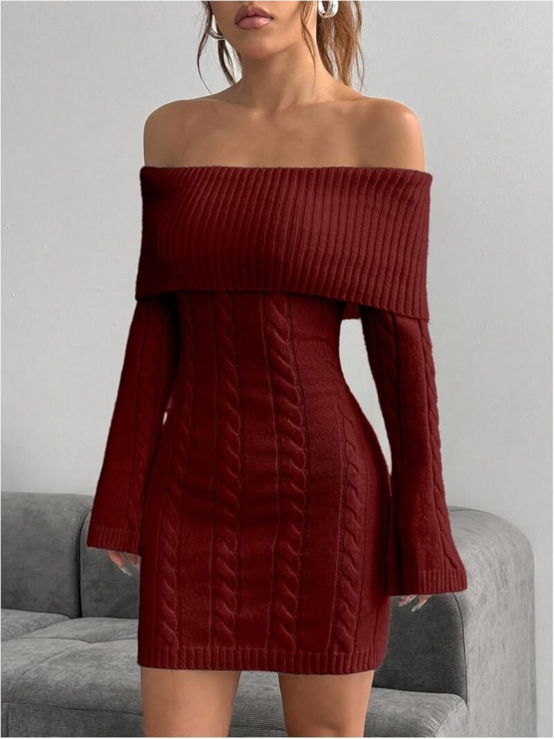 MakeMeChic Women's Off The Shoulder Cable Knit Sweater Dress Bell Sleeve Bodycon Mini Dresses - Image 3