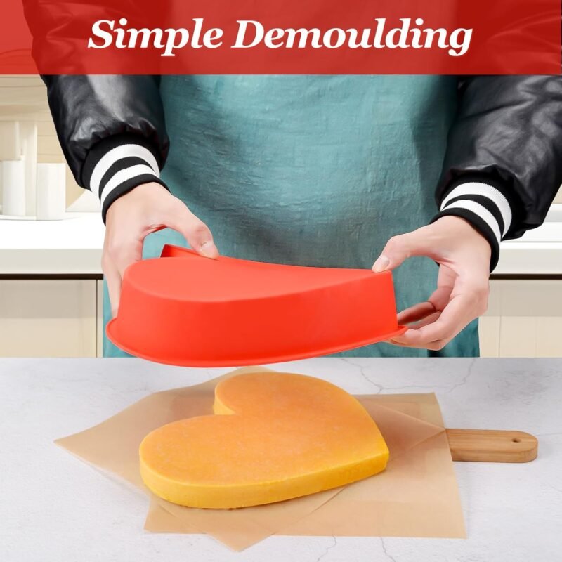 Set of 2 Silicone Heart Shaped Cake Pans - 10 Inch Nonstick Heart Cake Pan, Food Grade Silicone Heart Mold, Microwave and Oven Safe – Red - Image 2