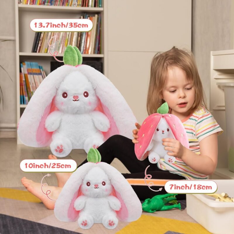 MIAODAM Bunny Stuffed Animal Reversible Cuddle Bunny Stuffed,Strawberry Bunny Transformed Rabbit Plush Zipper,Carrot That Turns Into Ears Bunnies Plushies Toy Cute Stuffy Doll Easter Girlfriend Gift - Image 3