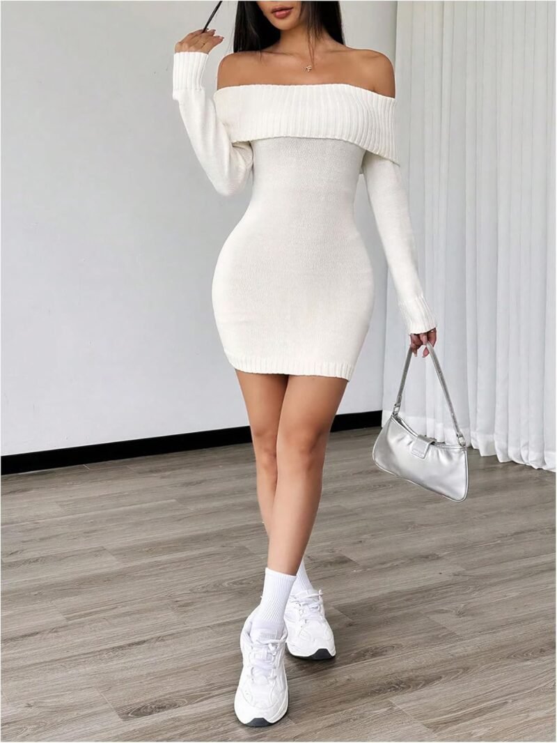 MakeMeChic Women's Off Shoulder Mini Sweater Dress Rib Knit Long Sleeve Bodycon Party Club Short Dresses - Image 6