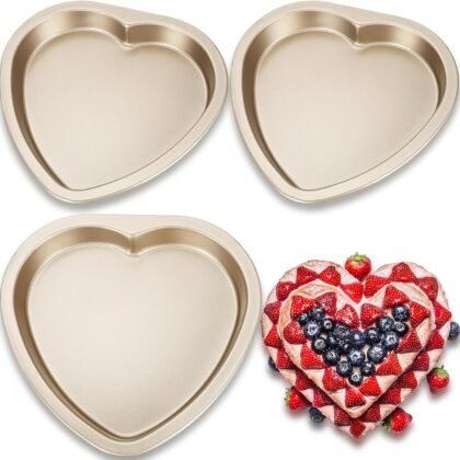 Maxcheck 3 Pieces Heart Shaped Cake Pans 8 Inch Valentine's Day Heart Pizza Pan Carbon Steel Flat Mold for Cookie Cake Home Oven Baking Birthday(Gold)