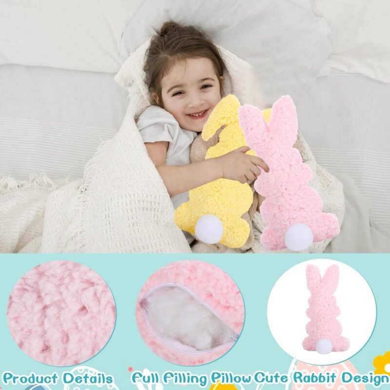 3 Pcs Easter Buuny Throw Pillows, 11.8 Inch Soft Rabbit Shaped Pillow Cushion Plush Happy Easter Decorative Pillow for Couch Bed (Pink, Yellow, Blue) - Image 3