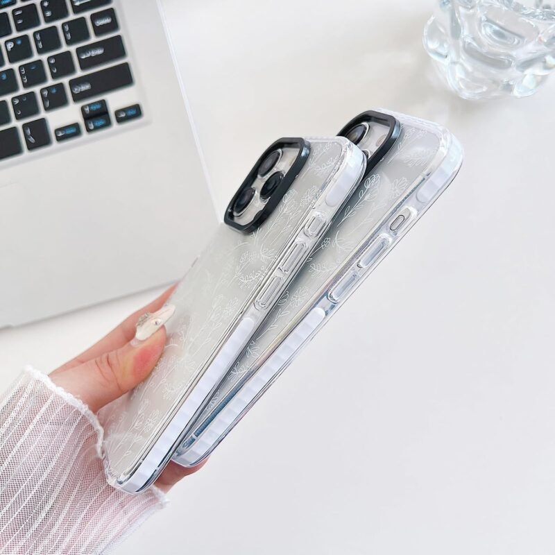 Clear Phone Case,Cute Transparent Silicone White Floral Flower for Women Girls Phone Case,Compatible for iPhone 13 Case/iPhone 14 Case - White - Image 3