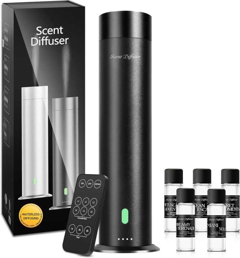 Waterless Scent Diffuser Starter Kit - 1000 Sq Ft Coverage, Hotel Scent Diffuser, Essential Oil Diffuser Large Room, Included 5 Scent Oils, Remote Control, Black, 11.20In