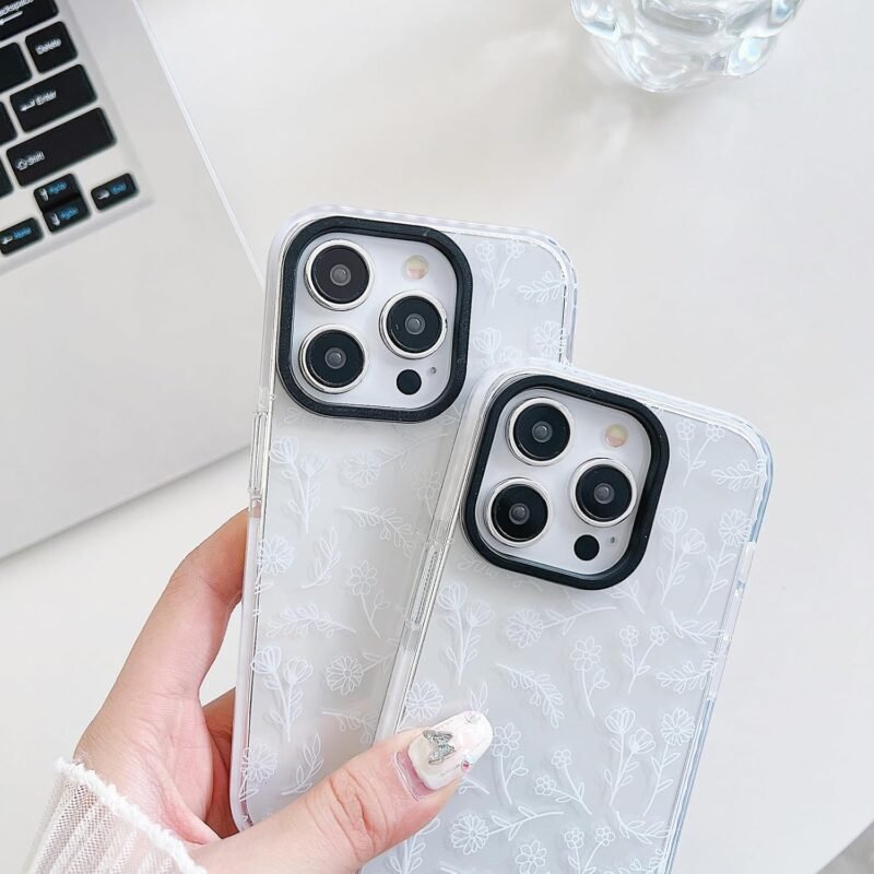 Clear Phone Case,Cute Transparent Silicone White Floral Flower for Women Girls Phone Case,Compatible for iPhone 13 Case/iPhone 14 Case - White - Image 5
