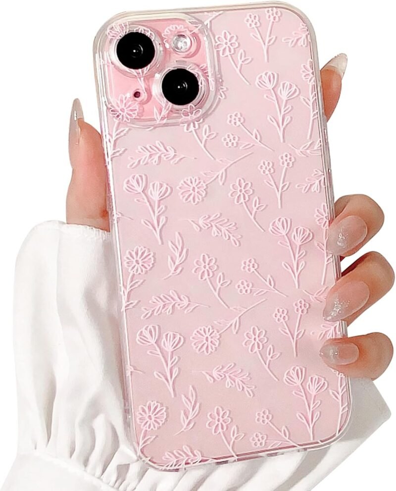Compatible for iPhone 15 Case Cute Clear Oil Flower Floral Leaf Design for Girls Women Soft TPU Shockproof Protective Girly for iPhone 15-Small Pink Floral