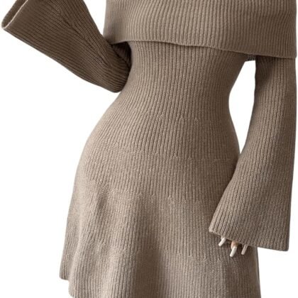 SOLY HUX Women's Off The Shoulder Bell Long Sleeve A Line Flared Mini Sweater Dresses