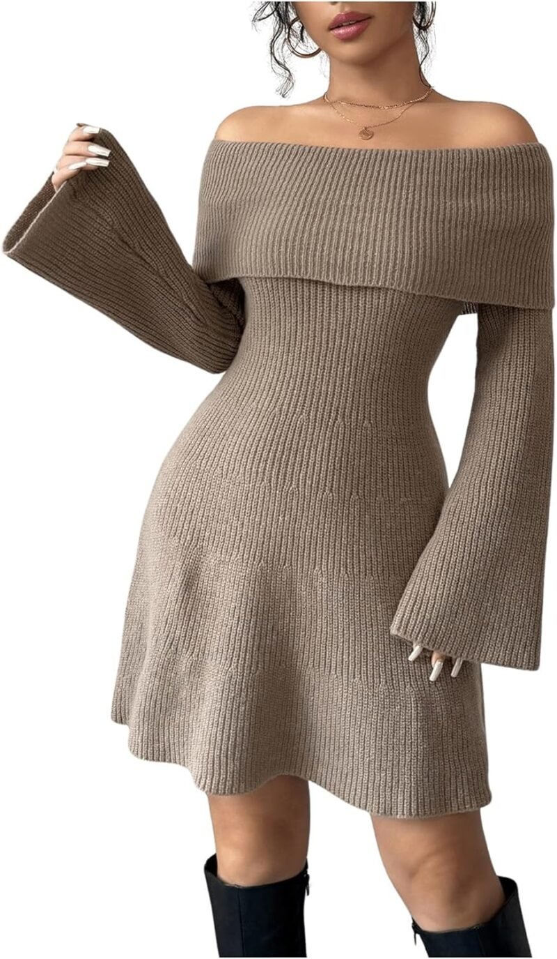 SOLY HUX Women's Off The Shoulder Bell Long Sleeve A Line Flared Mini Sweater Dresses