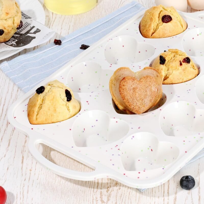 Heart Shaped Silicone Muffin Pan, Metal Reinforced Frame 12 Cups Heart Molds for Valentine's Day Baking Heart Shaped Egg Muffins, Cupcakes, Tartlets, Egg Bites, Chocolate Muffin, Soaps 2 Pack Confetti - Image 7