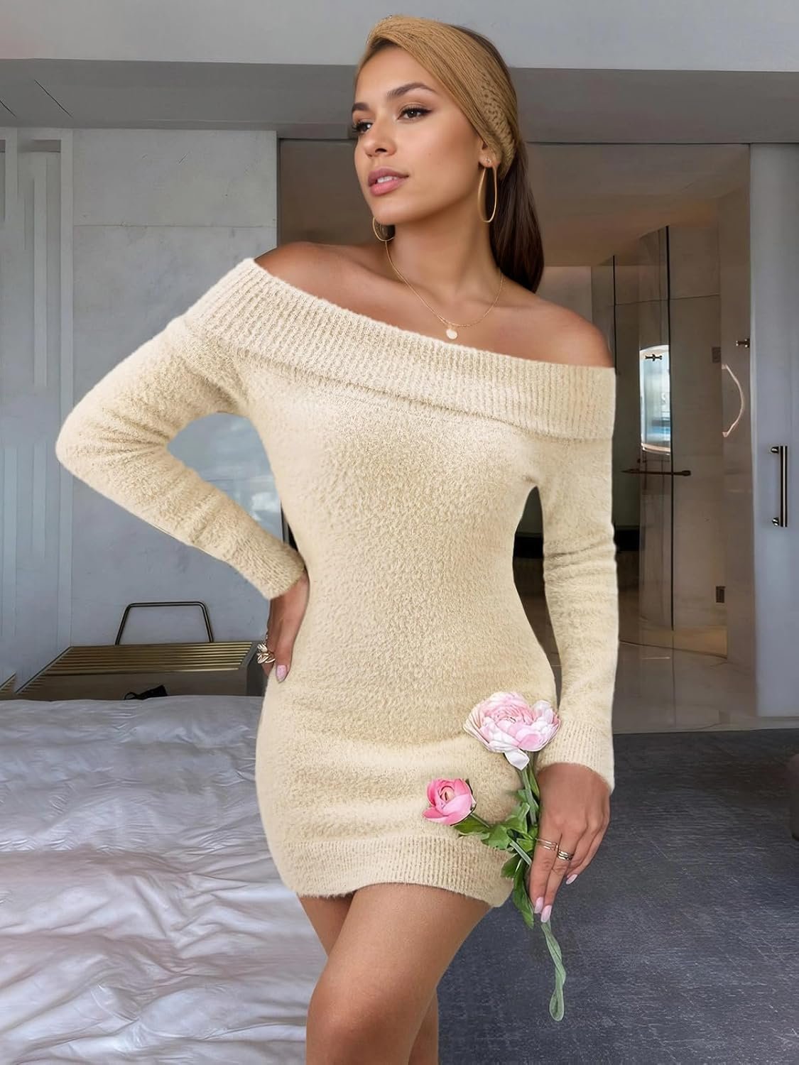 FAIRY SEASON Women's 2025 Off The Shoulder Sweater Mini Dress Long Sleeve Ribbed Bodycon Pullover Cute Short Dresses - Image 7