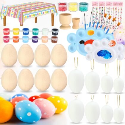 Silipull 38 Pcs DIY Easter Egg Painting Kit Easter Basket Stuffers Include Wooden Hanging Eggs Tablecloth Pigment Palette Brushes Sticker Tray for Holiday Party Supplies Gift Decorating Kit