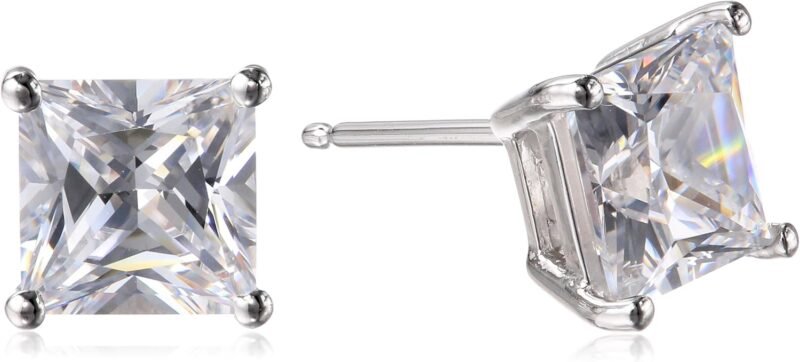 Amazon Essentials Plated Sterling Silver Cubic Zirconia Stud Earrings (Round & Princess)