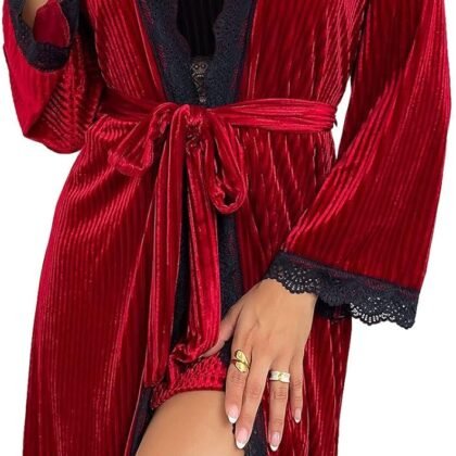 Women's Lace Velvet Robe Sexy V Neck Nightgown Short Bathrobe Sleepwear for Bridal Wedding
