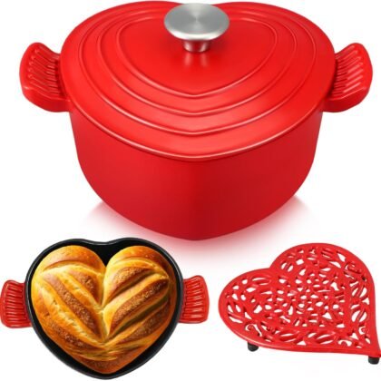 Hushee 2 Pcs Heart Cast Iron Dutch Oven for Bread Baking, 2 Quart Red Heart Shaped Enameled Dutch Oven Pot with Lid and Trivet, Dual Handles Cast Dutch Oven for Marinate Cook Refrigerate