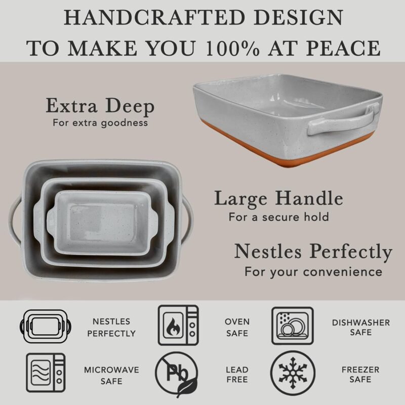Mora Ceramic Set of 2 Baking Dishes For Casserole, Banana Bread, Brownies, Broiling, Roasting, and Baking. 7x11 in and Loaf Pans - Porcelain Serving Bakeware from Oven to Table. Freezer Safe - Grey - Image 4
