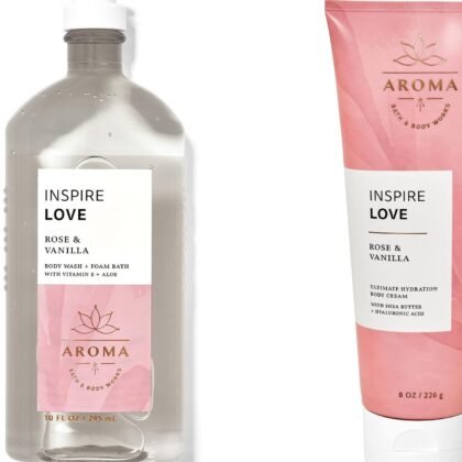 Bath & Body Works - Aromatherapy - Love - Rose Vanilla – 2 pc Bundle - Body Wash & Foam Bath & Body Cream -2020