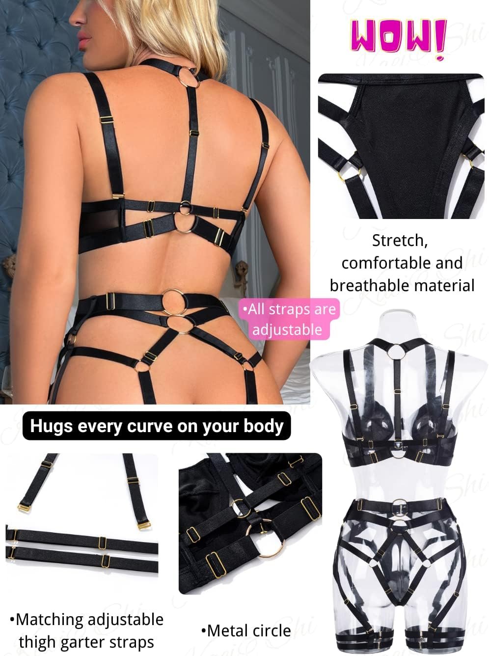 Kaei&Shi Strappy Harness, All Adjustable, Underwire Racerback, 4pc Garter Set - Image 3