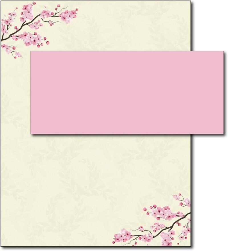 Cherry Blossoms Floral Stationary Paper and Envelopes Set - 40 Sets