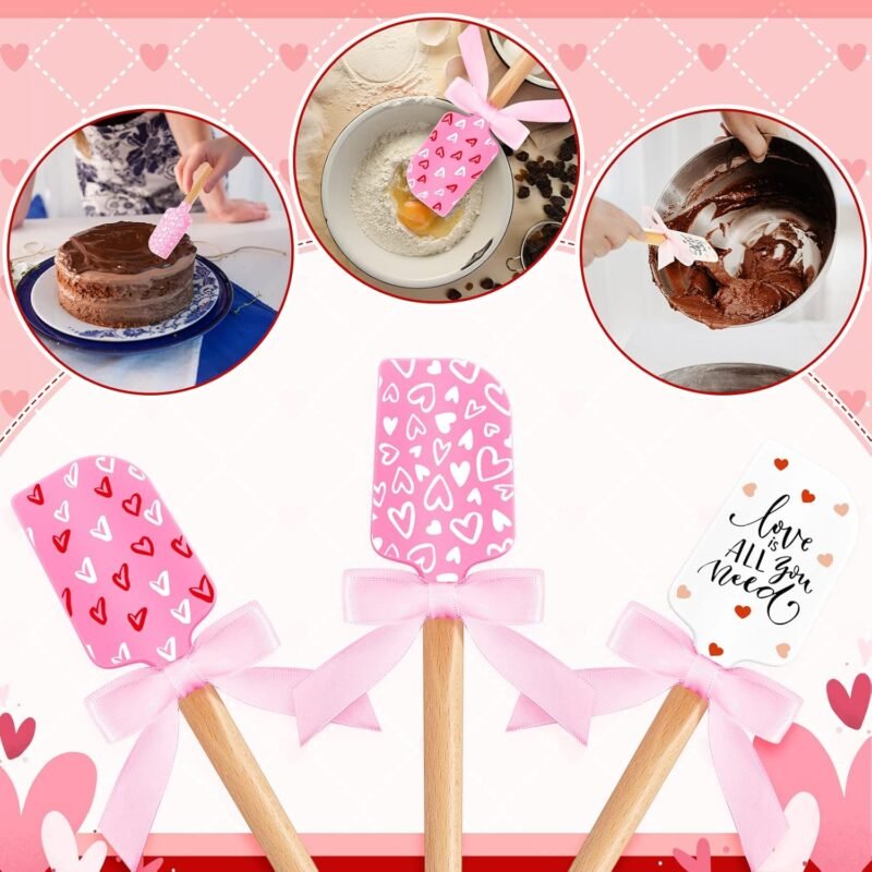 3 Pcs Valentine's Day Silicone Spatulas with Wooden Handles Valentine Pattern Heat Resistant Baking Silicone Spatulas with Pink Satin Ribbon Bows for Baking, Cooking and Sauteing - Image 5