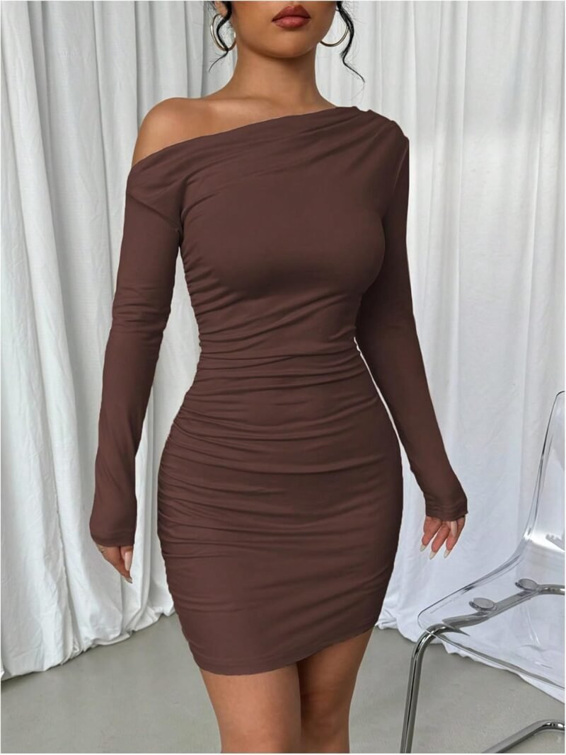 SOLY HUX Women's Ruched Bodycon Mini Dress Off The Shoulder Long Sleeve Fall Dresses - Image 3