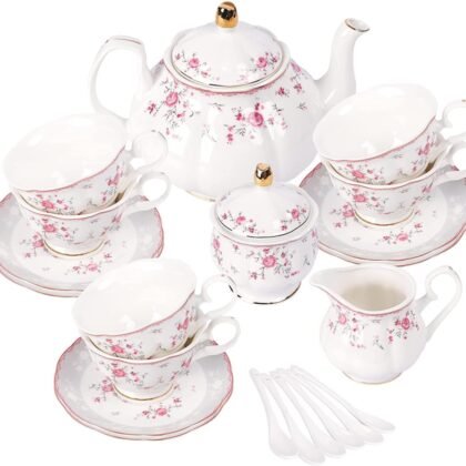 fanquare Vintage Porcelain Tea Set for Women Tea Party, Tea Cup and Saucer Set for 6, Wedding Floral Teapot Set for Adults, Pink Rose