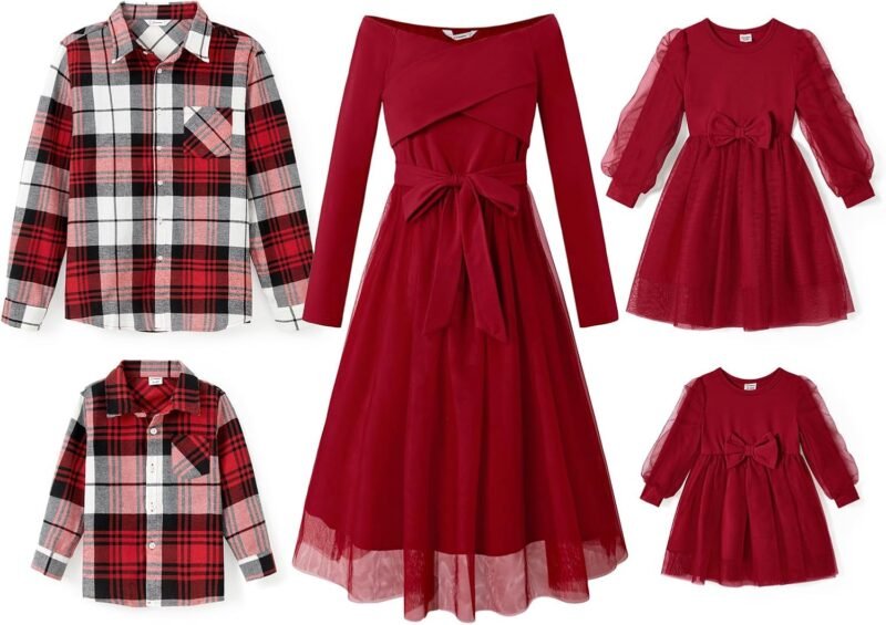 PATPAT Family Matching Outfits Set Mommy and Me Dresses Off Shoulder Midi Dress Dad and Boy Plaid Button Down Shirts
