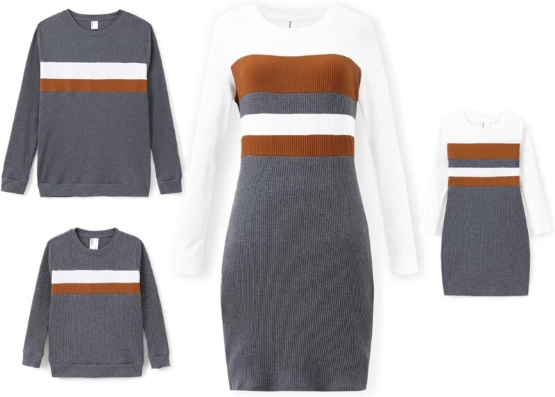 PATPAT Family Matching Outfits Cotton Rib Knit Colorblock Long Sleeve Bodycon Dresses and Sweatshirts Tops Sets