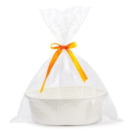 Pro Goleem Small Woven Easter Basket with Gift Bags and Ribbons Durable Baskets for Gifts Empty Small Rope Basket for Storage 12"X 8" X 5" Baby Toy Basket with Handles, White