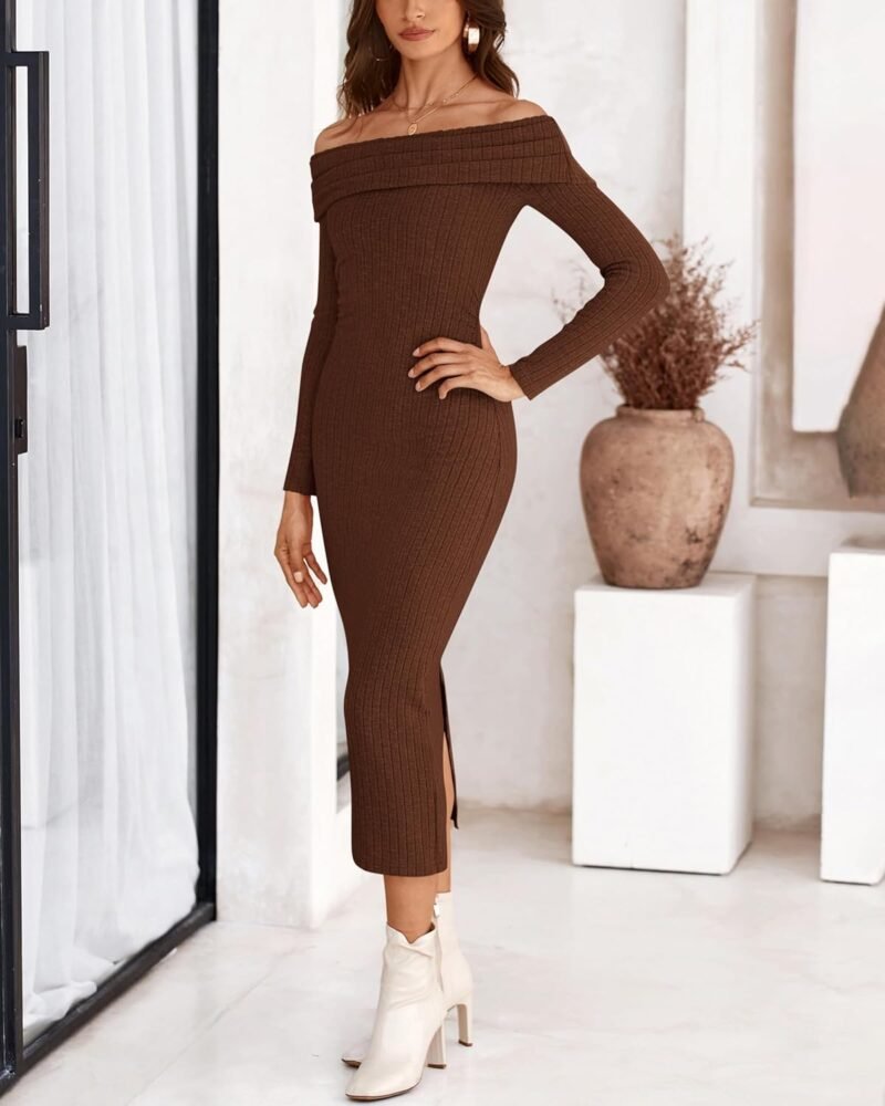 PRETTYGARDEN Women's Fall Dresses 2025 Sexy Off Shoulder Long Sleeve Bodycon Ribbed Knit Club Wedding Pencil Midi Dress - Image 7