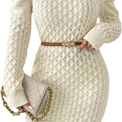 Women's Cute Cable Knit Mini Sweater Dress Fall 2024 Ladies Dressy Casual Chunky Crewneck Puff Long Sleeve Dresses