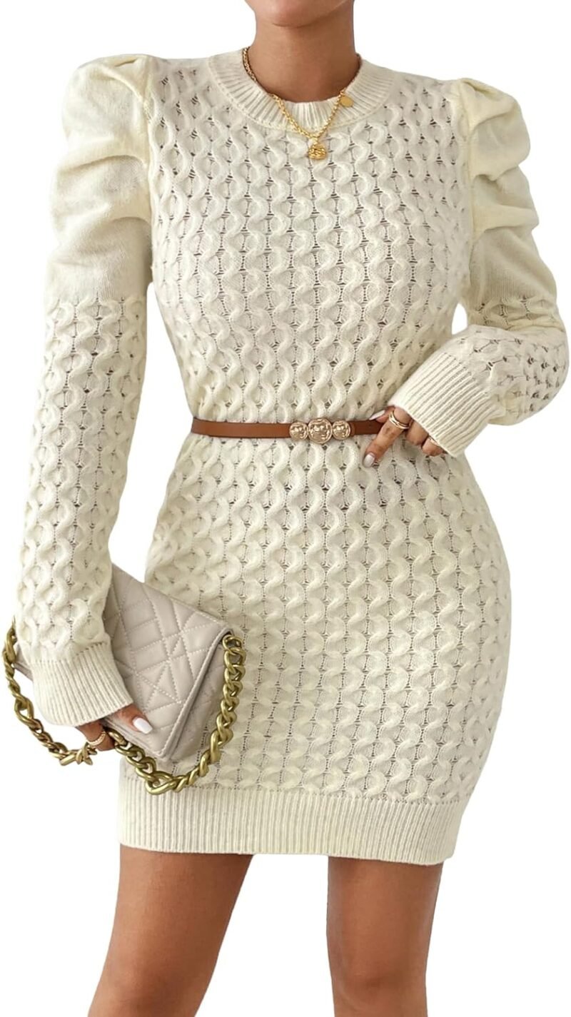 Women's Cute Cable Knit Mini Sweater Dress Fall 2024 Ladies Dressy Casual Chunky Crewneck Puff Long Sleeve Dresses