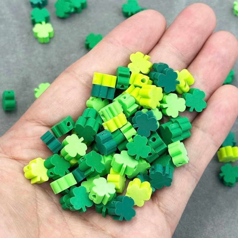 100Pcs St. Patrick's Day Shamrocks Handmade Polymer Clay Beads, Luck Clover Prints Polymer Clay Spacer Beads for Women Jewelry Making DIY Charms Bracelet Necklace Hair Clip Accessories Handmade Craft - Image 4