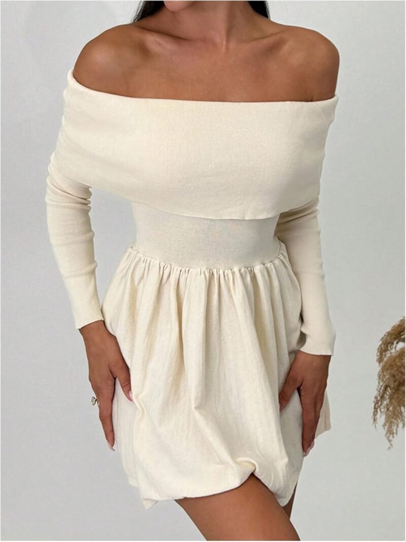 SOLY HUX Women's Off The Shoulder Sweater Dress Long Sleeve A Line Ruffle Hem Knit Mini Dresses - Image 4