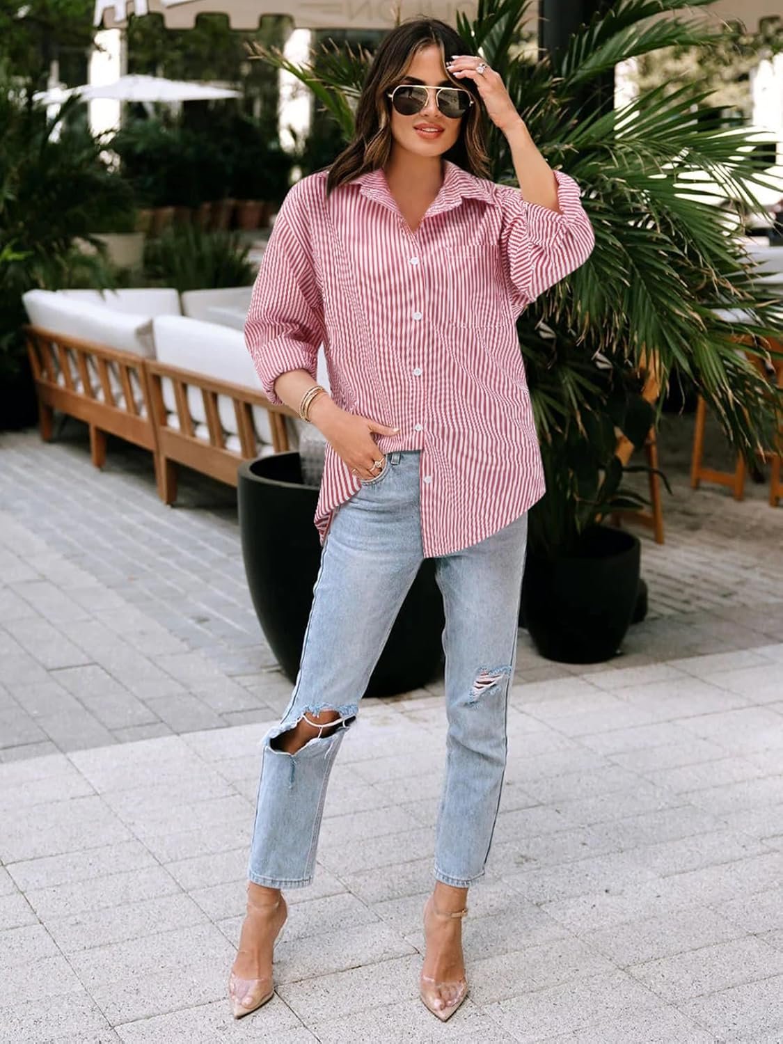 Women's Striped Long Sleeve Button Down Shirts V Neck Casual Tops Classic Office Work Blouses with Pocket - Image 4