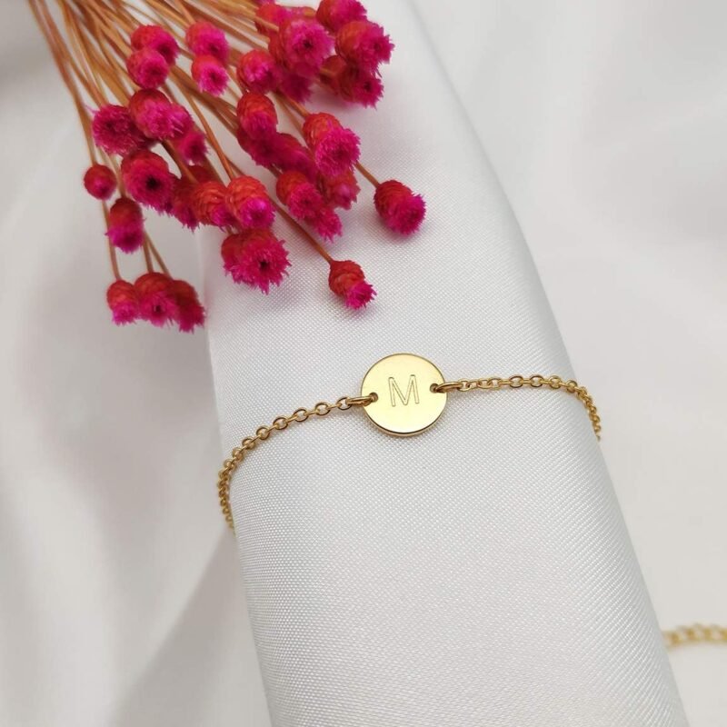 Personalized Initial Bracelet 18K Gold Plated Stainless Steel Letter Bracelet Dainty Coin Charm Bracelet Delicate Disc Name Bracelet for Women - Image 3
