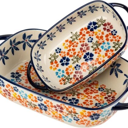 Retro pastoral style Ceramic Baking Dish Rectangular Bakeware Set Baking Pan, 2-piece Hand-painted Porcelain Baking pan with handle, Casserole Dish for Oven/Cooking/Kitchen (Colorful Flower)