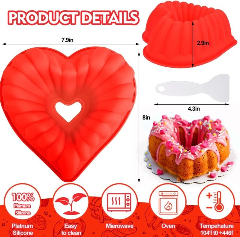 Mity rain Heart Shaped Cake Fluted Pans, Silicone 8 Inch Cake Pan Nonstick, Heart Cake Molds for Valentine'S Day, Baker Kitchen Baking Accessories (1pc, Red) - Image 7